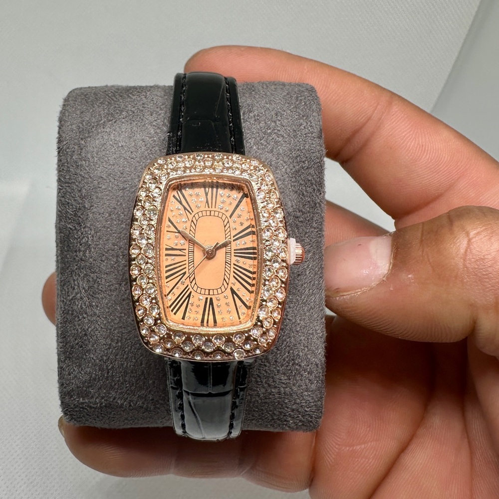 Rose Gold Crystal Watch with Black Strap